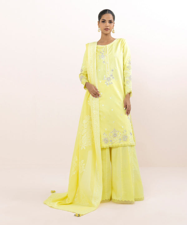3 Piece - Embroidered Cotton Satin Suit 03PEJQ25V69B