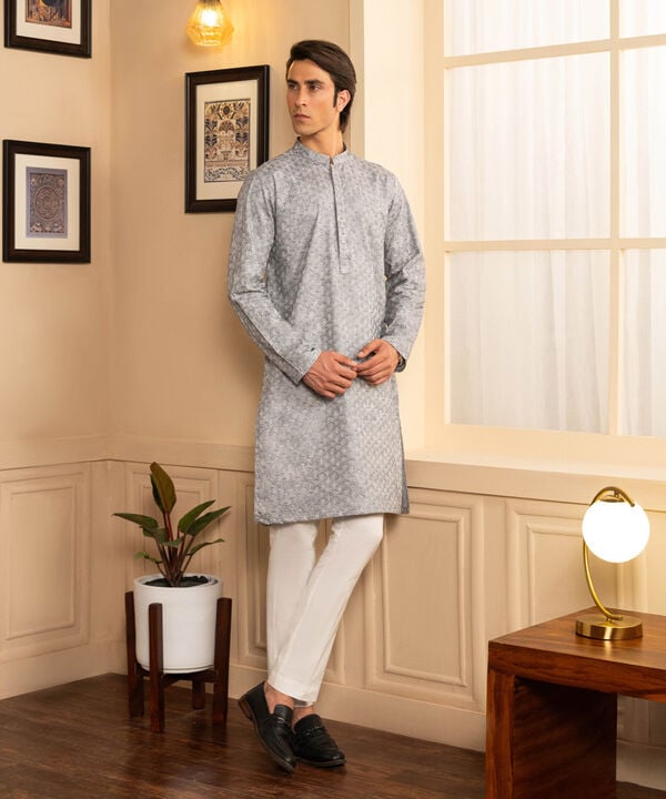 Schiffli Embroidered Cotton Kurta - Slim Fit (0MSTEKR25V59-SLM)