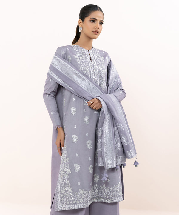 3 Piece - Embroidered Cotton Satin Suit 0PEJQ25V614B