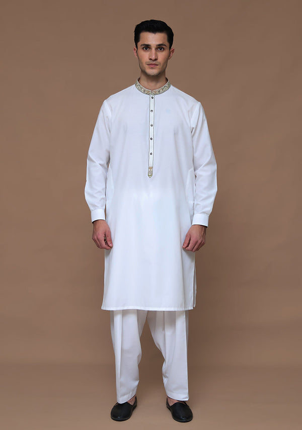 Cotton Silk Cloud Dancer Classic Fit Embroidered Suit (FG-3091)