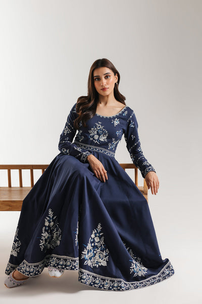 green emerald velvet dress Tamsin Navy Floral Embroidered Midi Dress with Tiered Skirt  Frock and  Frill