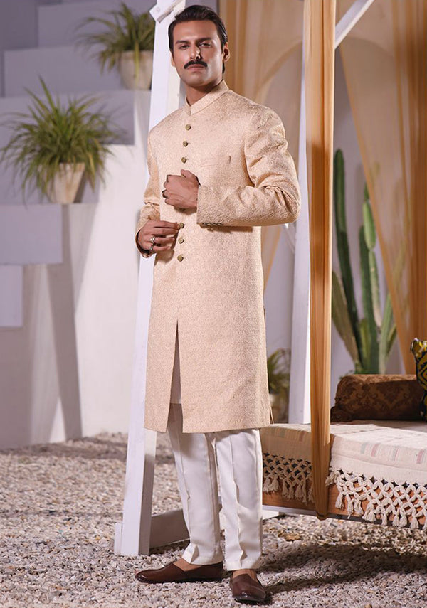 Premium Satin Beige Classic Fit Embroidered Sherwani (FG-1089)