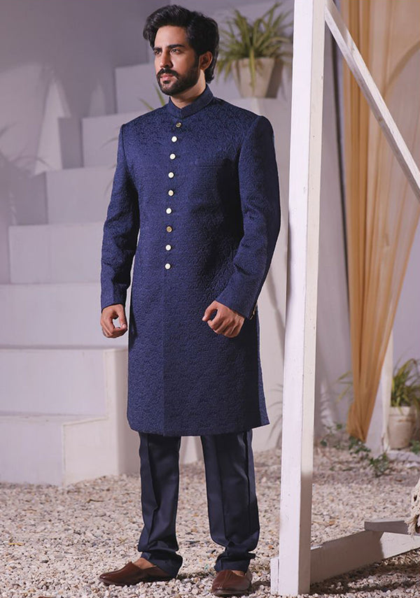 Premium Satin Navy Blazer Classic Fit Embroidered Sherwani (FG-1089)
