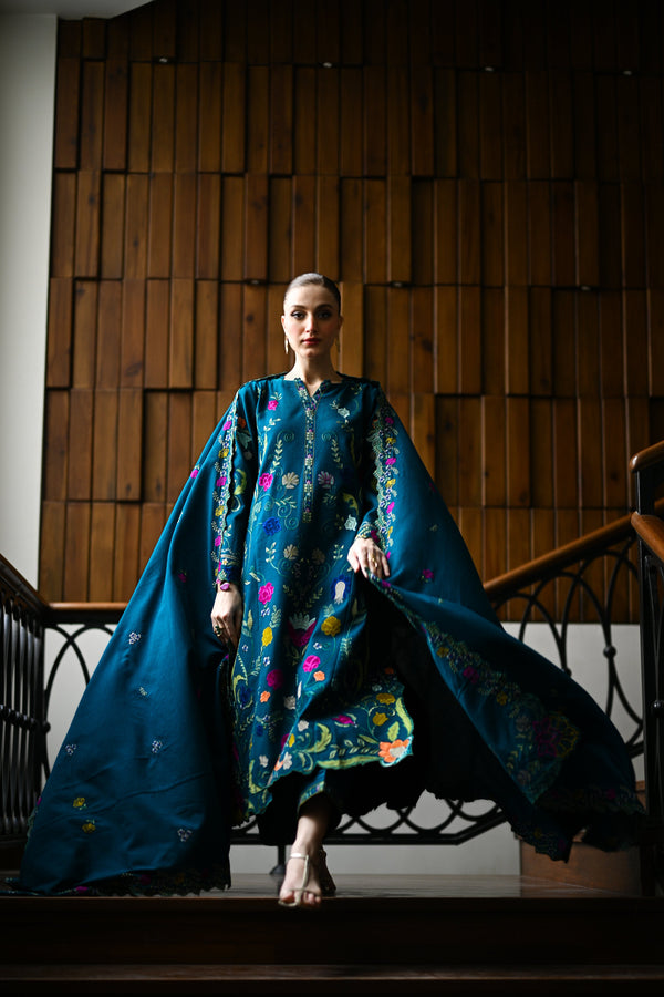 ZINC GREEN LASER CUTWORK LUXURY EMBROIDERED KARANDI SET (NEL-25637)