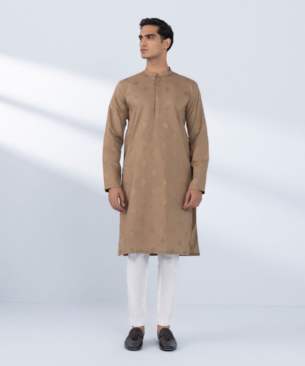Schiffli Embroidered Cotton Kurta - Slim Fit (MSTEKR25V511-SLM)