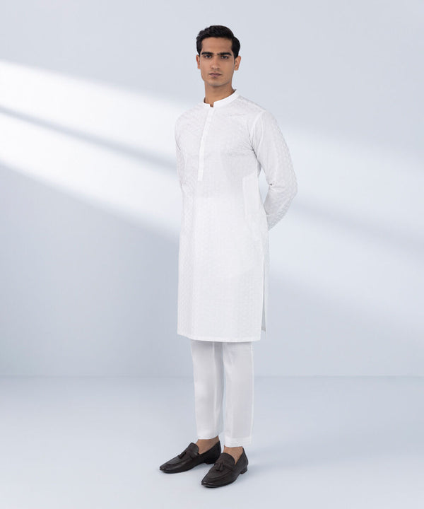 Schiffli Embroidered Cotton Kurta - Slim Fit (MSTEKR25V514-SLM)