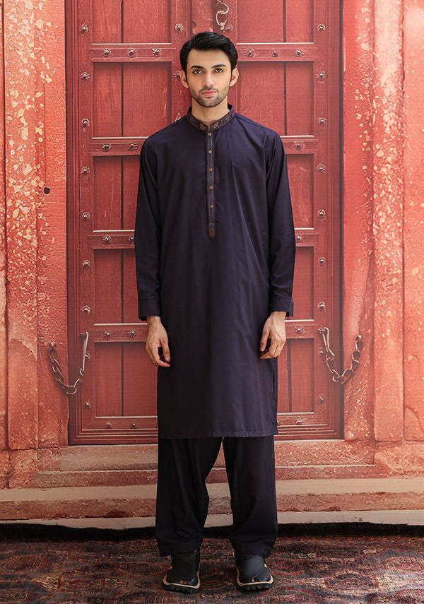 Poly Viscose Ebony Classic Fit Embroidered Suit (FG-3170)