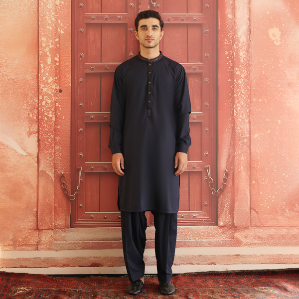 Poly Viscose Navy Blue Classic Fit Embroidered Suit (FG-3204)