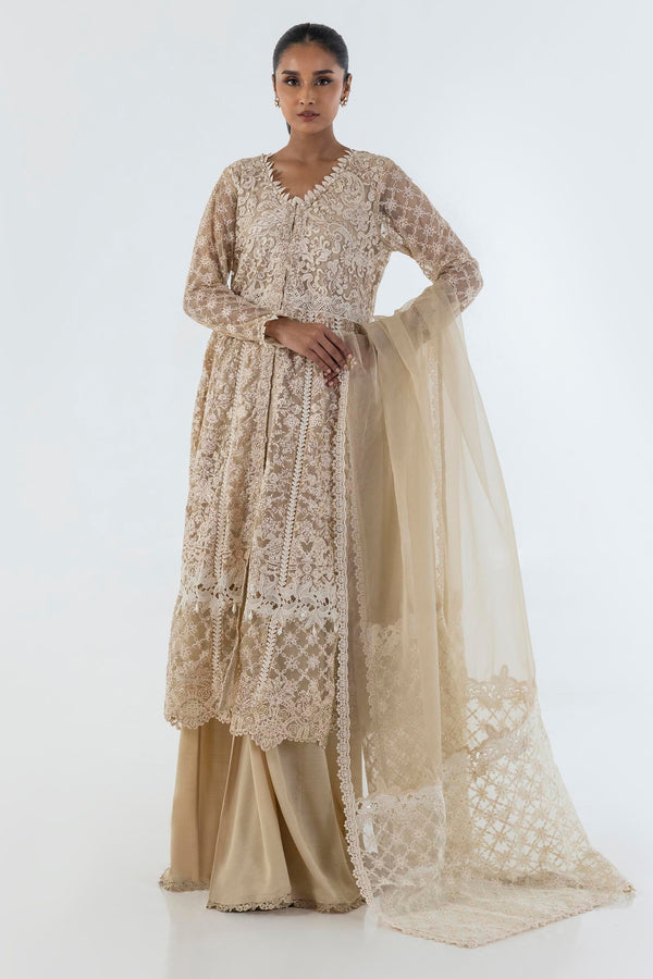 Stitched Beige Embroidered Shirt + Plazo + Dupatta (fw24exe154p3)