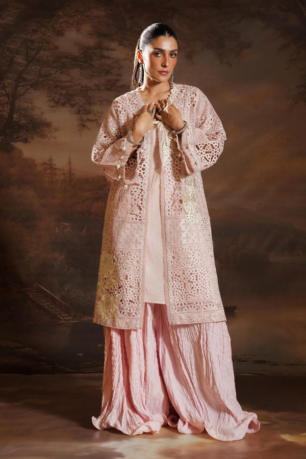 Stitched Embroidered Organza Shirt + Gharara (SS25EXE103)