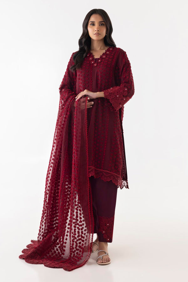 Stitched Maroon Embroidered Shirt + Shalwar + Dupatta (SS25SGE303P3)