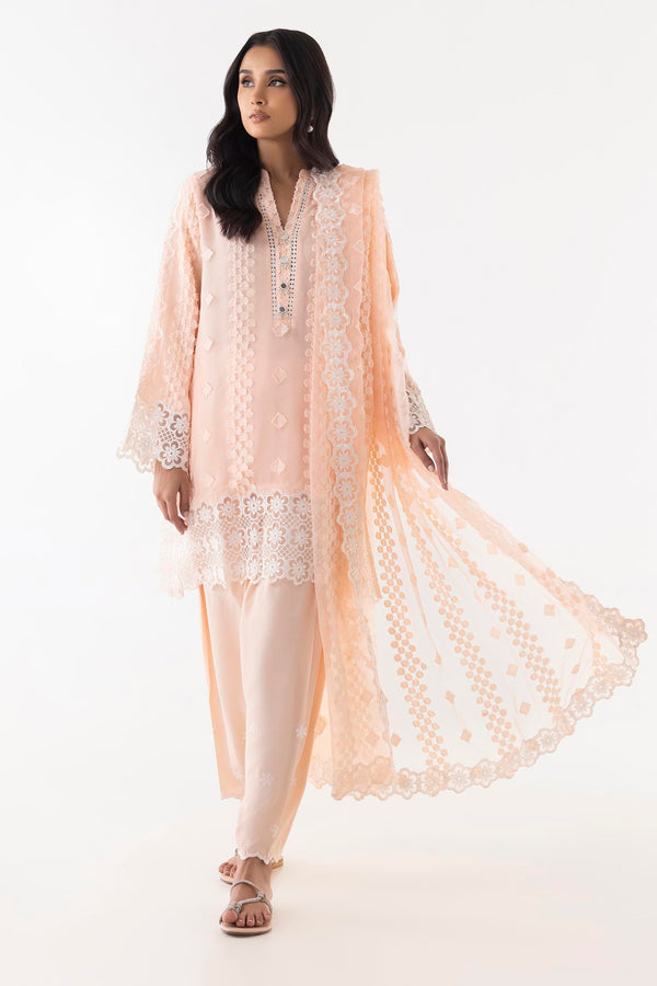 Stitched Peach Embroidered Shirt + Shalwar + Dupatta (SS25SGE306P3)